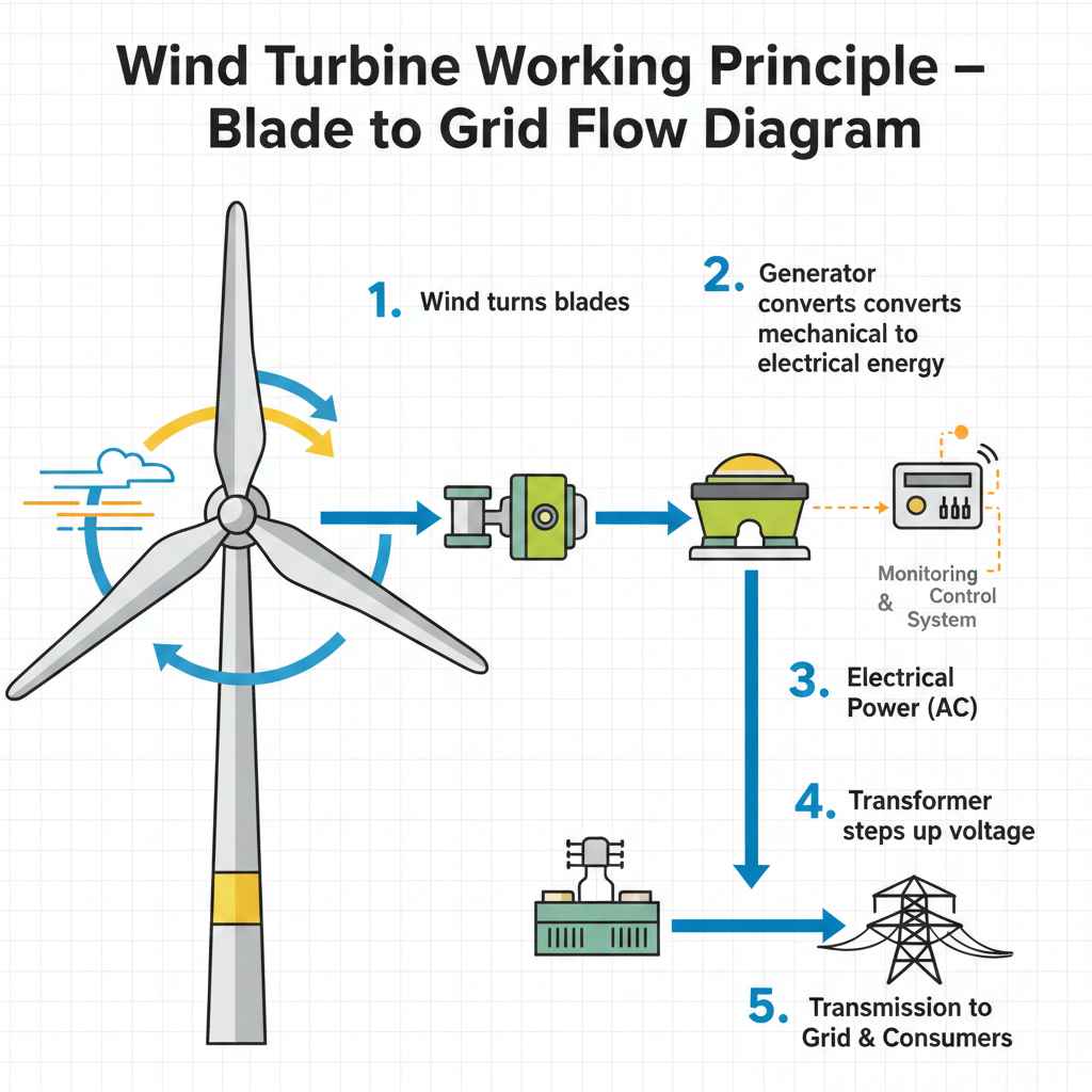 Wind Turbine Working Principle – Blade to Grid Flow Diagram - Sangreen Future Renewables